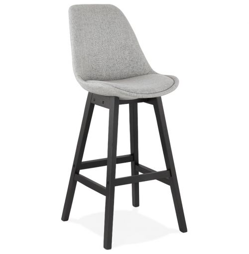 Tabouret de bar design 'TERESA' en tissu gris et pied en bois noir